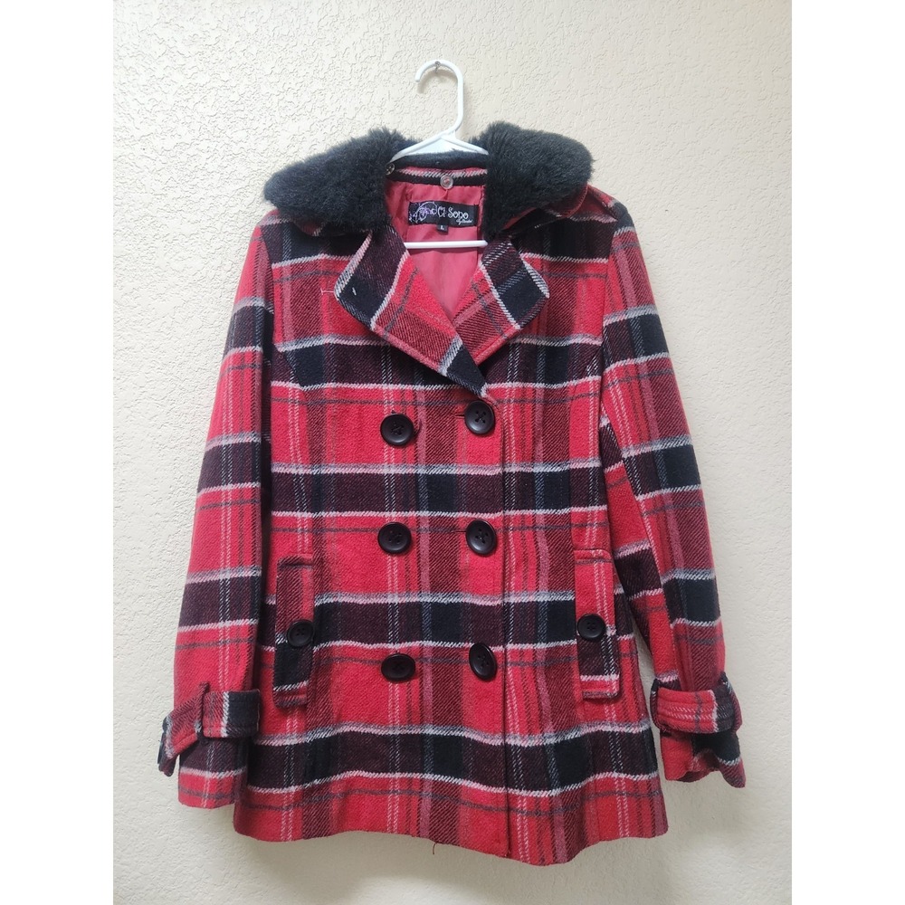 Ci Sono Women Red Plaid Midi Wool Blend Peacoat Coat Jacket Winter Casual Size L